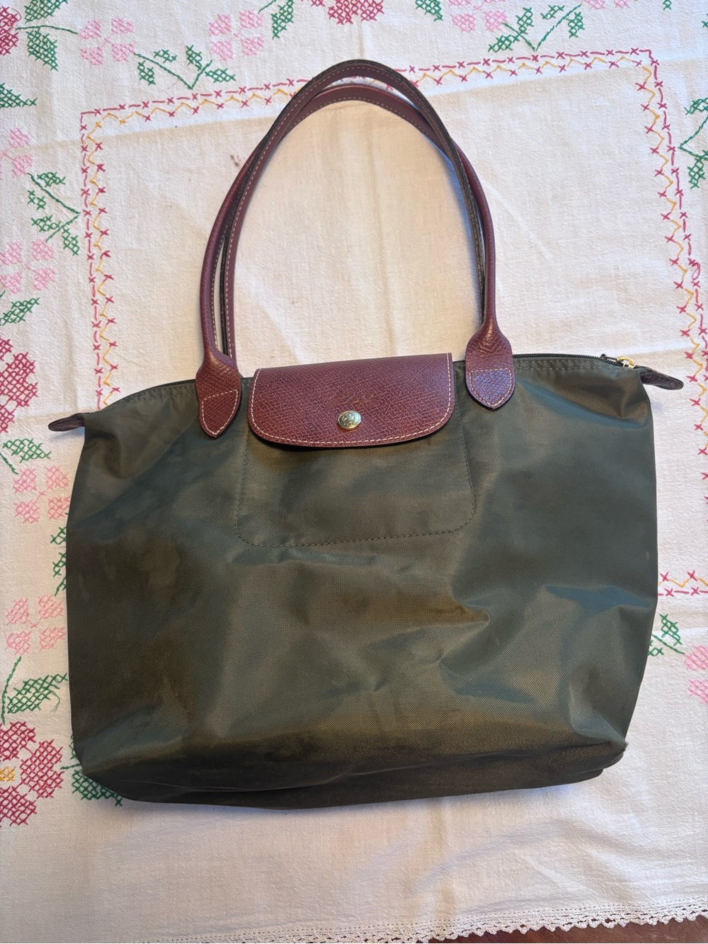 Longchamp Olive Tote with leather Trim